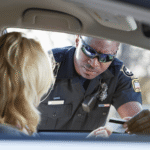 Police officer examining driver’s license during a traffic stop