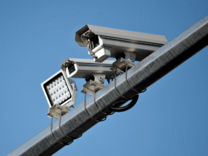 Traffic cameras mounted on metal pole