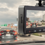 Dashcam recording traffic on busy city road