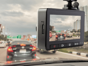 Dashcam recording traffic on busy city road