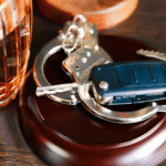 Glass of alcohol, handcuffs, and car key on a gavel base