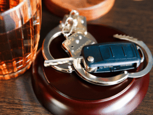 Glass of alcohol, handcuffs, and car key on a gavel base