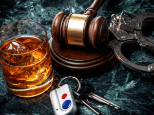 Drinking and Driving Handcuffs and Gavel on Marble Background
