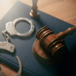 Gavel and open handcuffs resting on a closed book
