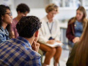 Group counseling session with several people sitting in a circle, one person taking notes. Image represents Summit County mandatory DV counseling and Colorado domestic violence treatment programs required for offenders.