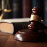 A wooden judge’s gavel rests on a block in front of an open law book, with scales of justice blurred in the background.