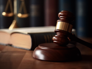 A wooden judge’s gavel rests on a block in front of an open law book, with scales of justice blurred in the background.