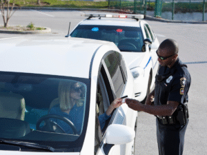 A police officer standing beside a white car reviews a driver’s license handed to him by a woman during a traffic stop. The officer’s patrol vehicle with flashing lights is parked behind the car.