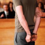 Handcuffed defendant standing in a courtroom next to a lawyer, symbolizing the critical initial steps of securing bail pretrial motions Colorado.