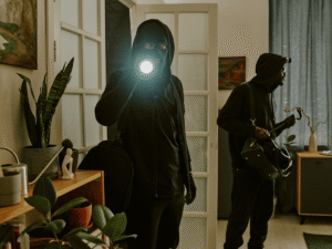 Two masked intruders breaking into a home at night with a flashlight, symbolizing the crime that leads to conspiracy to commit theft Colorado charges.